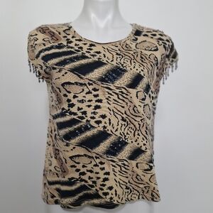 Lola P Animal Print Boho Fairy Beaded Short-Sleeve Top Size M